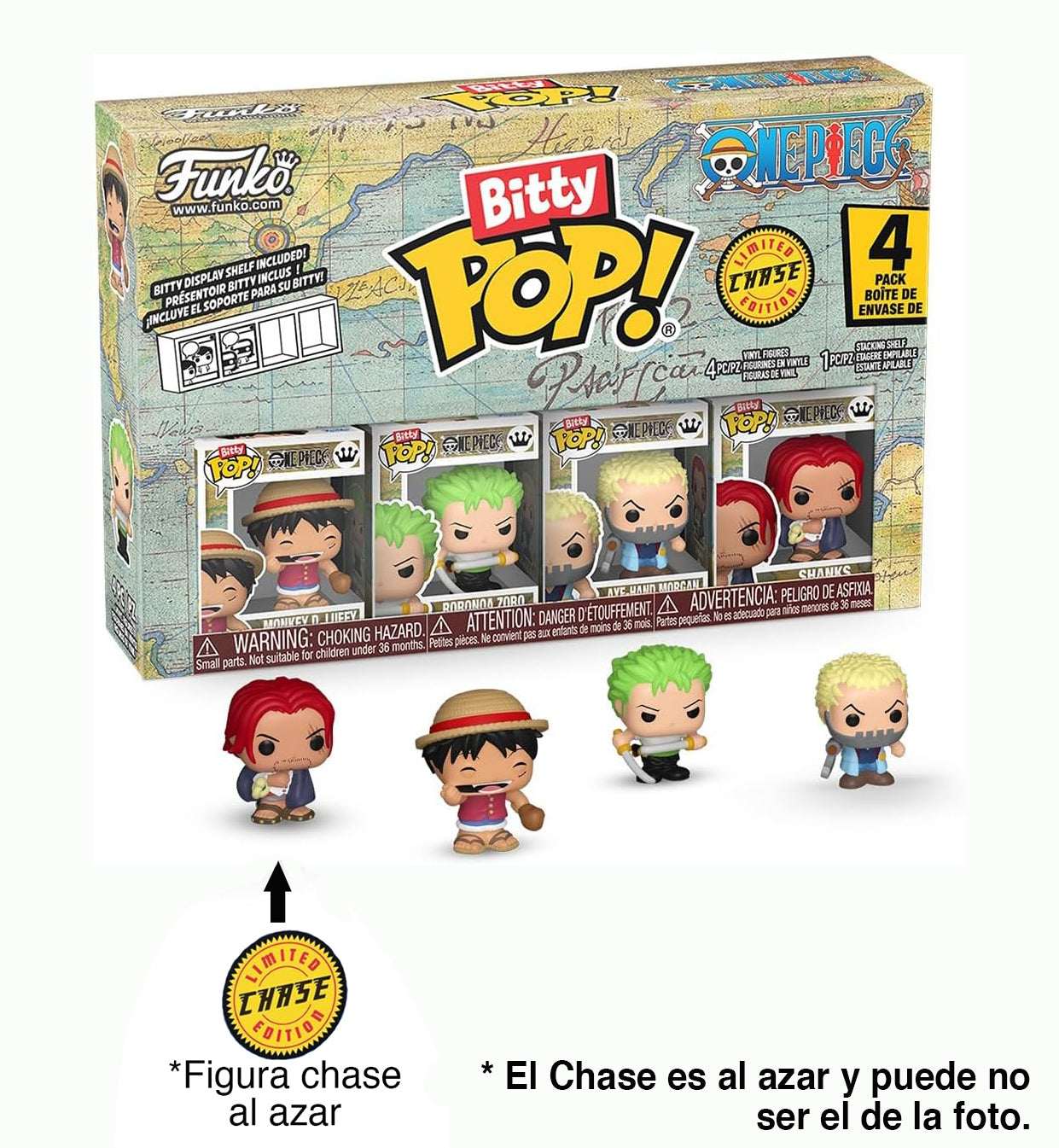 Funko Bitty Pop! One Piece 4PK - Monkey D. Luffy, Roronoa Zoro, Axe-Hand Morgan, and A Random Chase Figure