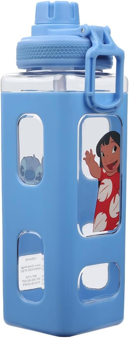 Lilo & Stitch Waving Characters 24 oz Blue Square Plastic Water Bottle