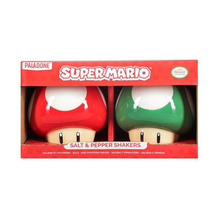 Super Mario Brothers Mushroom Salt and Pepper Shakers Officially Licensed Nintendo Red & Green 1-Up Ceramic Set