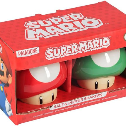Super Mario Brothers Mushroom Salt and Pepper Shakers Officially Licensed Nintendo Red & Green 1-Up Ceramic Set