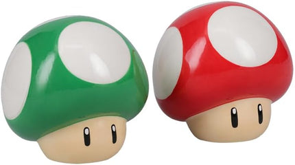 Super Mario Brothers Mushroom Salt and Pepper Shakers Officially Licensed Nintendo Red & Green 1-Up Ceramic Set
