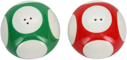 Super Mario Brothers Mushroom Salt and Pepper Shakers Officially Licensed Nintendo Red & Green 1-Up Ceramic Set