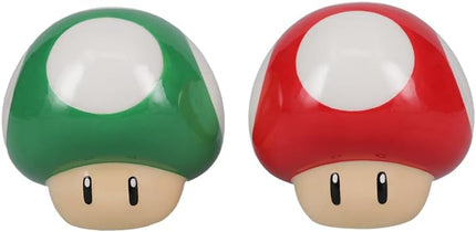 Super Mario Brothers Mushroom Salt and Pepper Shakers Officially Licensed Nintendo Red & Green 1-Up Ceramic Set