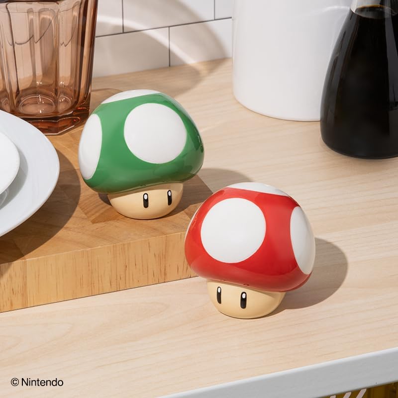 Super Mario Brothers Mushroom Salt and Pepper Shakers Officially Licensed Nintendo Red & Green 1-Up Ceramic Set