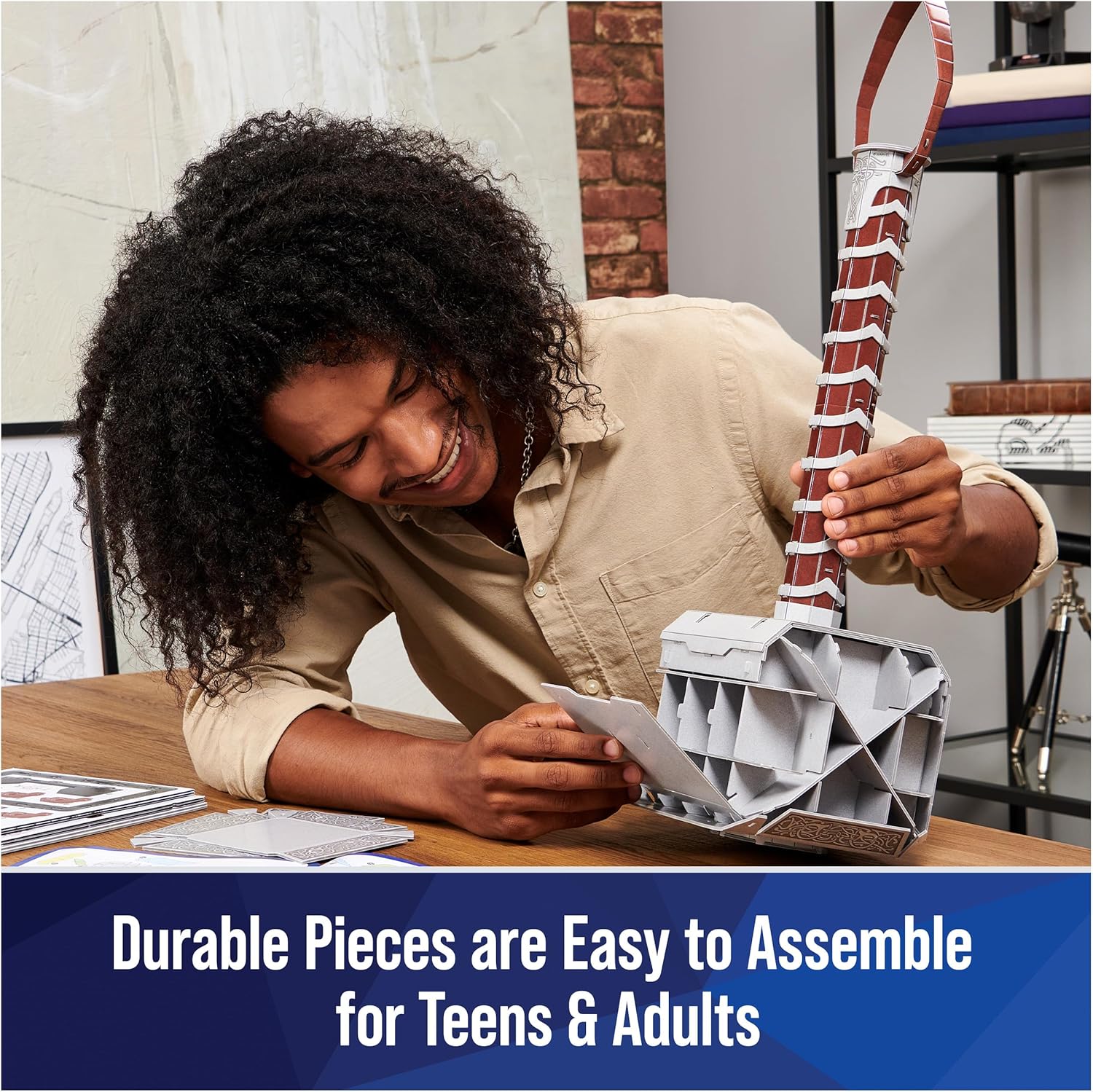 4D Build, Marvel Mjolnir Thor Hammer 3D Puzzle Model Kit with Stand 87 Pcs | Thor Desk Decor | Building Toys