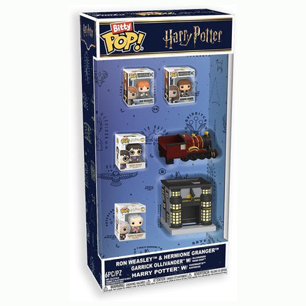 Funko Bitty Pop! Starter Set: Harry Potter - 6 PK - Harry Potter, Ron Weasley, Hermione Granger, Bitty Ride Hogwarts Express, and Bitty Town Garrick Ollivander's Wand Shop