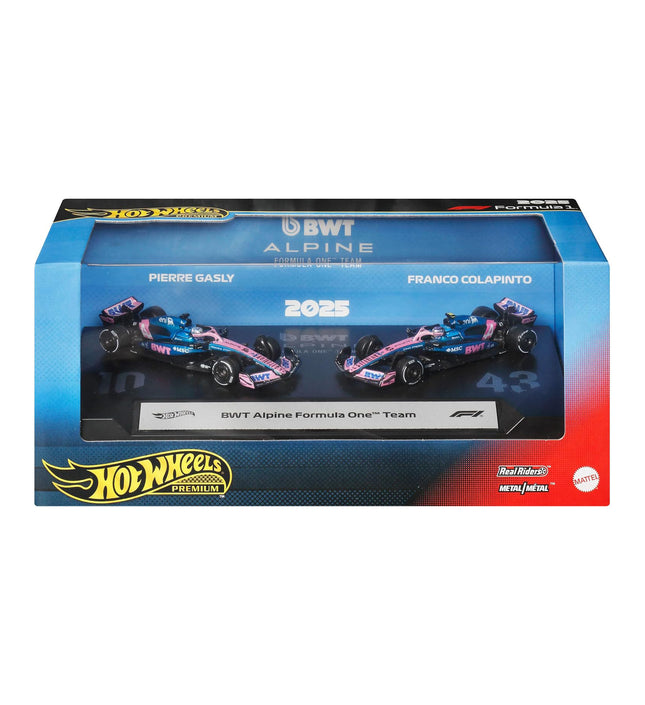 Hot Wheels Premium Formula 1 BWT Alpine Team 2-Pack Set of 2 1:64 Scale Formula One Team Racecars Featuring #10 Pierre Gasly & #43 Franco Colapinto