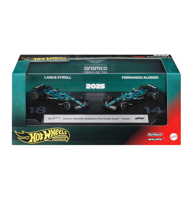 Hot Wheels Premium Aston Martin Aramco Formula One Team 2-Pack Set of 2 Toy Cars in 1:64 Scale Die-Cast, Replicas of Lance Stroll & Fernando Alonso Racecars