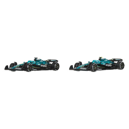 Hot Wheels Premium Aston Martin Aramco Formula One Team 2-Pack Set of 2 Toy Cars in 1:64 Scale Die-Cast, Replicas of Lance Stroll & Fernando Alonso Racecars