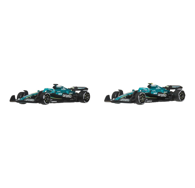Hot Wheels Premium Aston Martin Aramco Formula One Team 2-Pack Set of 2 Toy Cars in 1:64 Scale Die-Cast, Replicas of Lance Stroll & Fernando Alonso Racecars