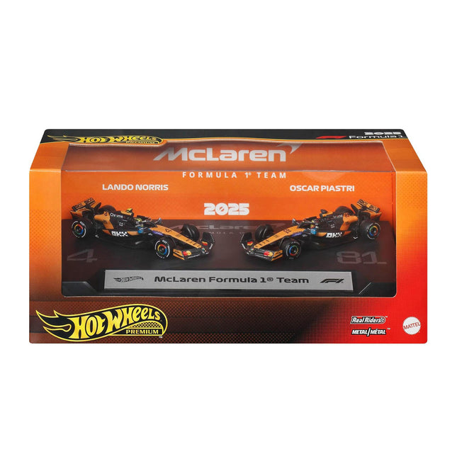 Hot Wheels Premium McLaren Formula 1 Toy Car 2-Pack Collectible Racecars Featuring #81 Oscar Piastri & #4 Lando Norris, 1:64 Scale Die-Cast Vehicles