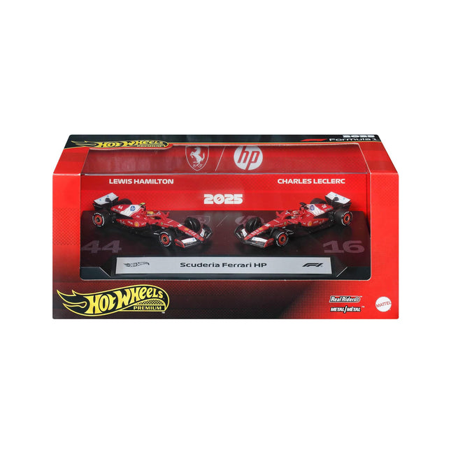 Hot Wheels Premium Formula 1 Scuderia Ferrari HP Racecars 2-Pack Set of 2 Die-Cast 1:64 Scale Cars with Lewis Hamilton & Charles Leclerc decos, F1 Collectible Vehicles
