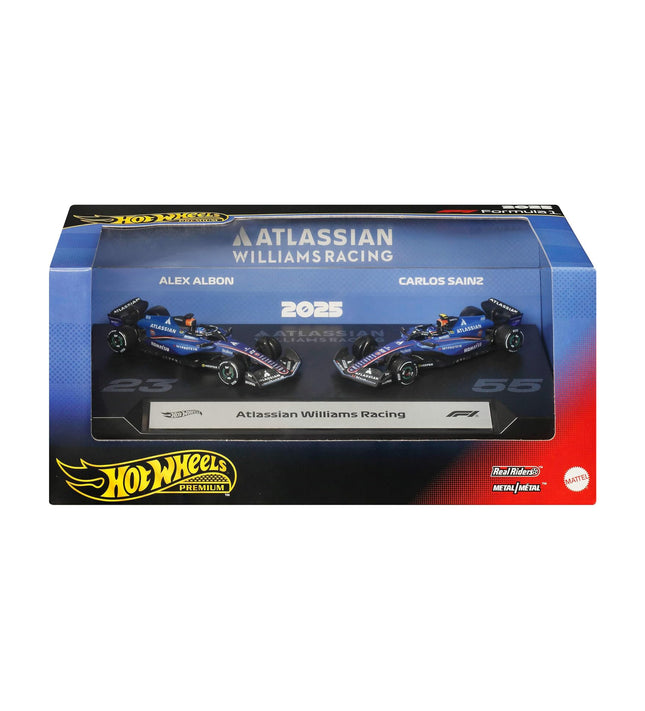 Hot Wheels Premium Formula 1 Atlassian Williams Racing 2-Pack Set of 2 1:64 Scale Toy Racecars Featuring 55 Carlos Sainz & #23 Alexander Albon