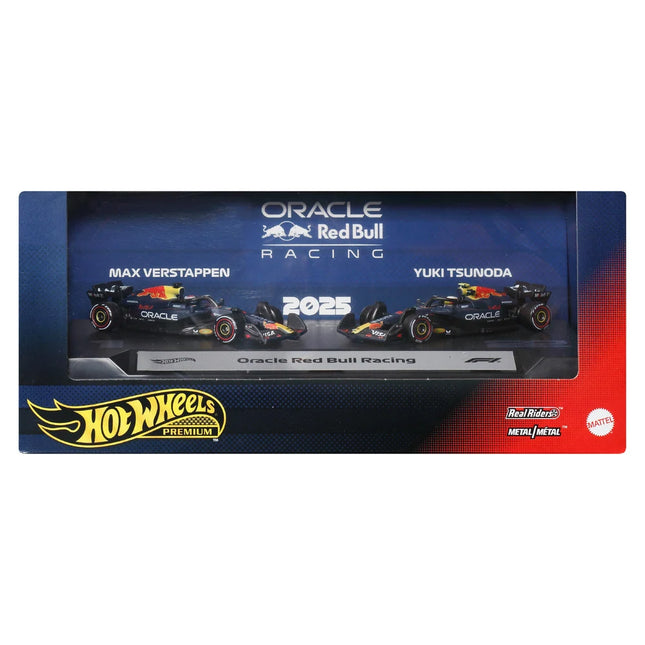Hot Wheels Premium Formula 1 Team Oracle Red Bull Die Cast Car 2-Pack Set of 2 Die-Cast 1:64 Scale Cars with Max Verstappen & Yuki Tsunoda decos, F1 Collectible Vehicles