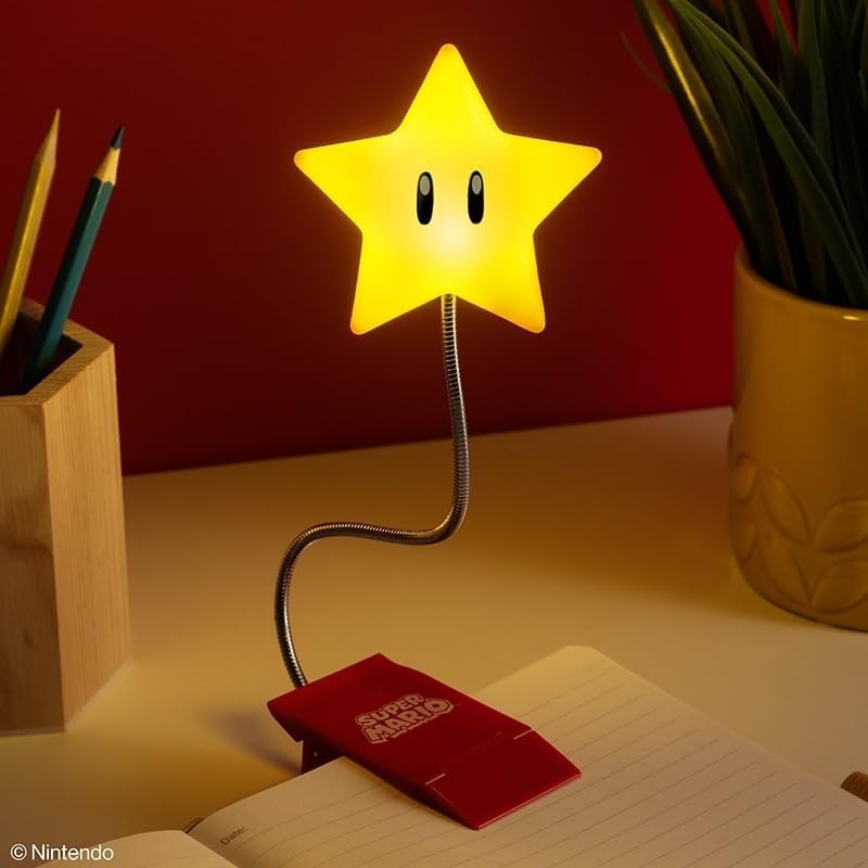 Paladone Super Mario Super Star Clip Book Light – LED Clip Lamp with Flexible Arm, Battery Powered