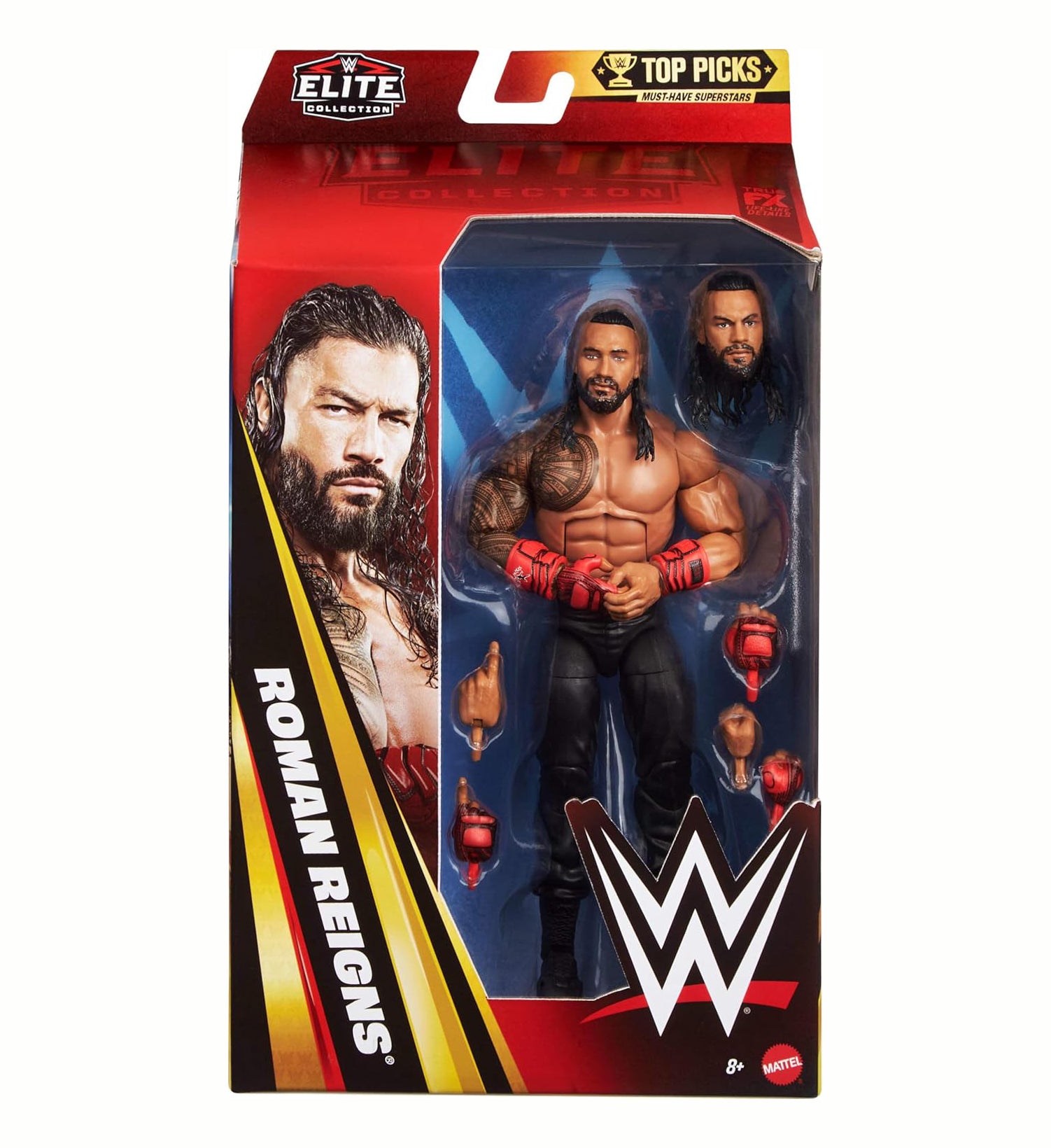 WWE Elite Collection Top Picks Action Figures & Accessories Set, 6-inch Collectible Roman Reigns with Swappable Hands & Ring Gear