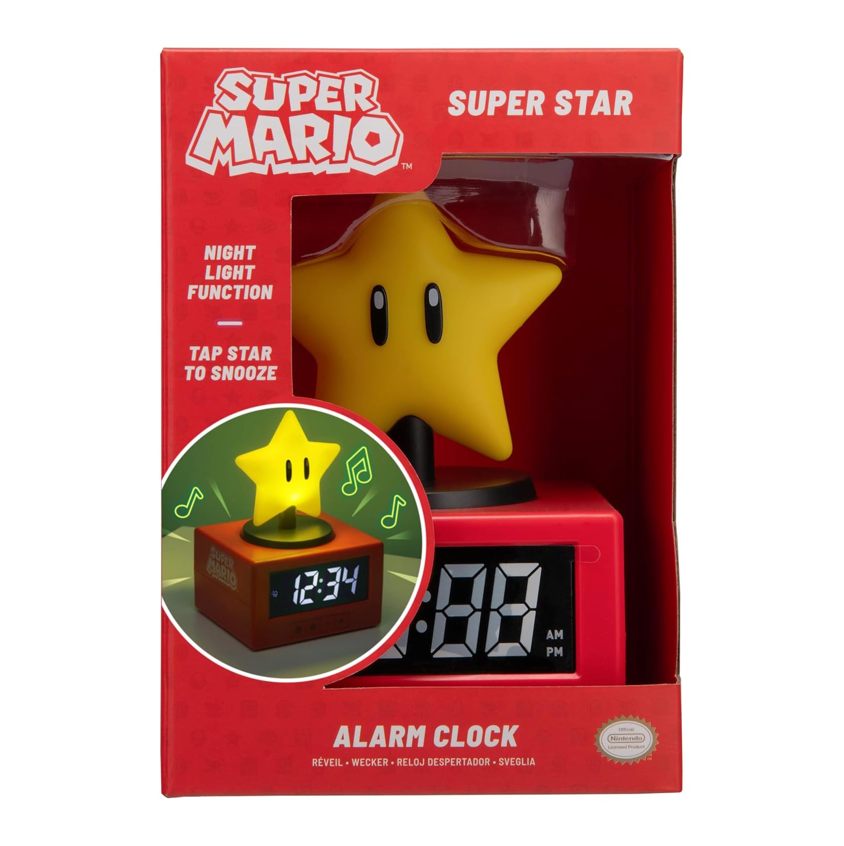 Paladone Super Mario Super Star Icon Alarm Clock with Night Light – Digital Alarm Clock, Tap-to-Snooze