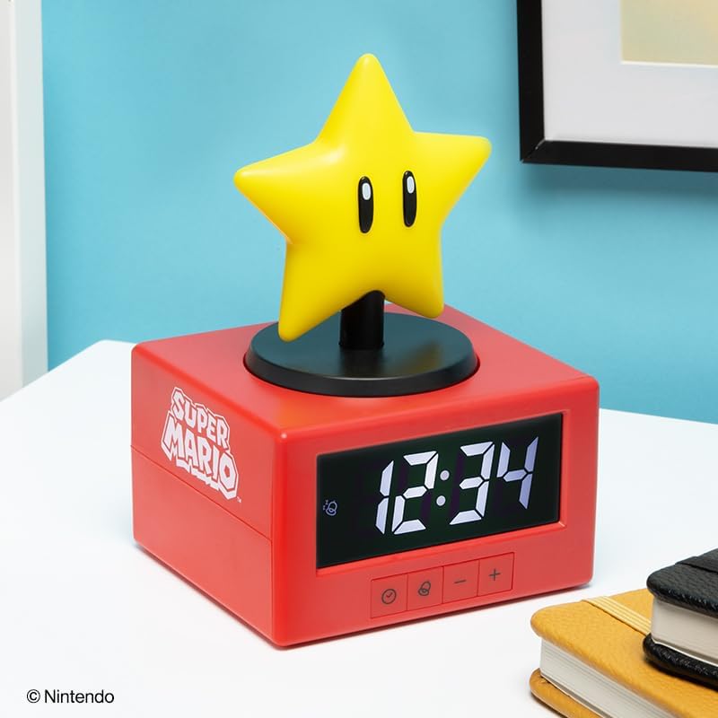Paladone Super Mario Super Star Icon Alarm Clock with Night Light – Digital Alarm Clock, Tap-to-Snooze
