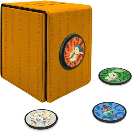 Ultra Pro - Pokemon Alcove Click Johto: Store 100 Double-Sleeved Cards with 4 Themed Badges of Cyndaquil, Totodile, Chikorita, and Togepi
