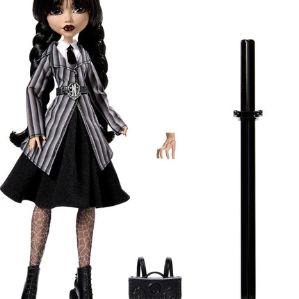 Monster High Wednesday Doll and Accessories, Wednesday Addams Collectible in Nevermore Academy Uniform with Thing and Backpack, Doll Stand