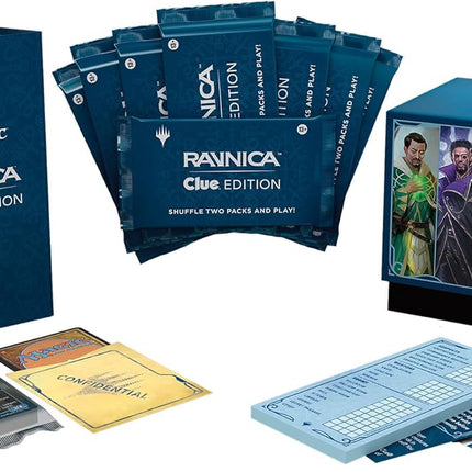 Magic: The Gathering Ravnica: Clue Edition - 3-4 Player Murder Mystery Card Game (Includes 8 Ready-to-Play Boosters, 21 Evidence Cards, 1 Foil Shock Land, and Detective Game Accessories) (ENGLISH EDITION)