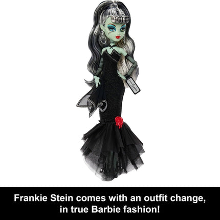 Monster High x Barbie Frankie Stein Doll with Original Barbie-Inspired Swimsuit and Solo in the Spotlight Black Evening Dress