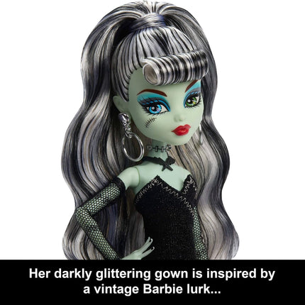 Monster High x Barbie Frankie Stein Doll with Original Barbie-Inspired Swimsuit and Solo in the Spotlight Black Evening Dress