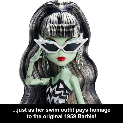 Monster High x Barbie Frankie Stein Doll with Original Barbie-Inspired Swimsuit and Solo in the Spotlight Black Evening Dress