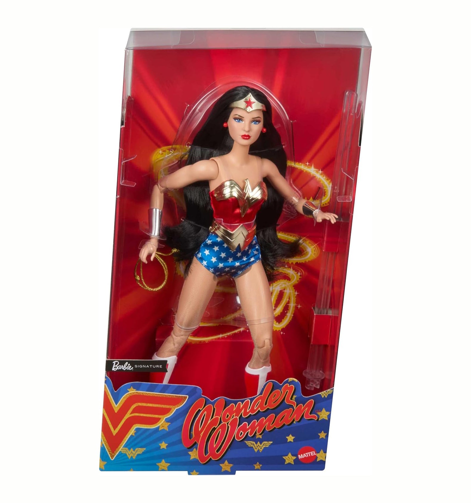 Barbie Signature Doll, Wonder Woman Collectible with Doll Stand in Red and Blue Tank Suit with Golden Accessories Like Lasso, Headpiece and Belt