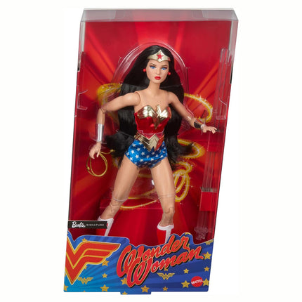 Barbie Signature Doll, Wonder Woman Collectible with Doll Stand in Red and Blue Tank Suit with Golden Accessories Like Lasso, Headpiece and Belt