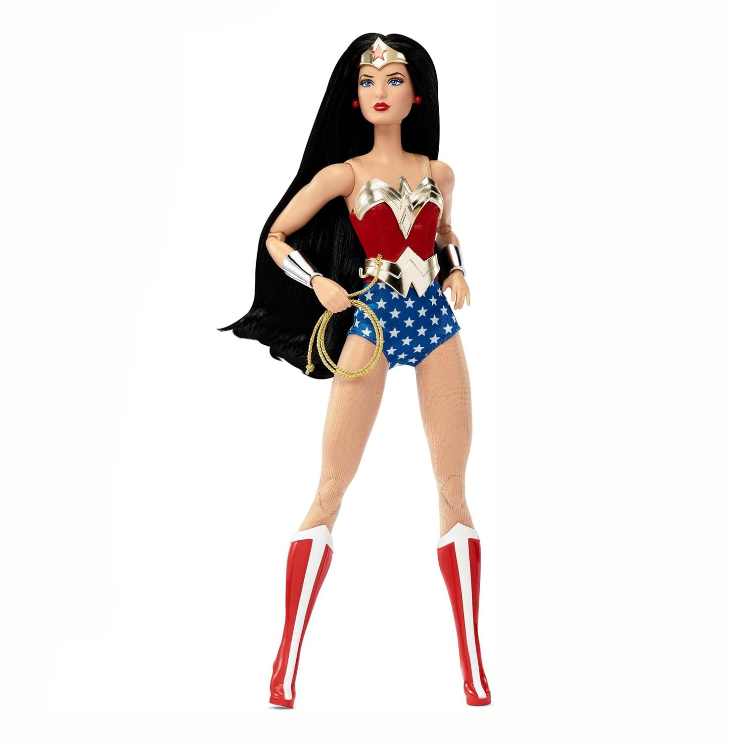 Barbie Signature Doll, Wonder Woman Collectible with Doll Stand in Red and Blue Tank Suit with Golden Accessories Like Lasso, Headpiece and Belt