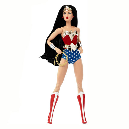 Barbie Signature Doll, Wonder Woman Collectible with Doll Stand in Red and Blue Tank Suit with Golden Accessories Like Lasso, Headpiece and Belt
