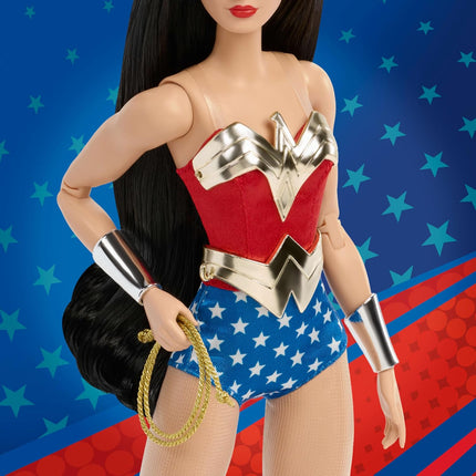 Barbie Signature Doll, Wonder Woman Collectible with Doll Stand in Red and Blue Tank Suit with Golden Accessories Like Lasso, Headpiece and Belt