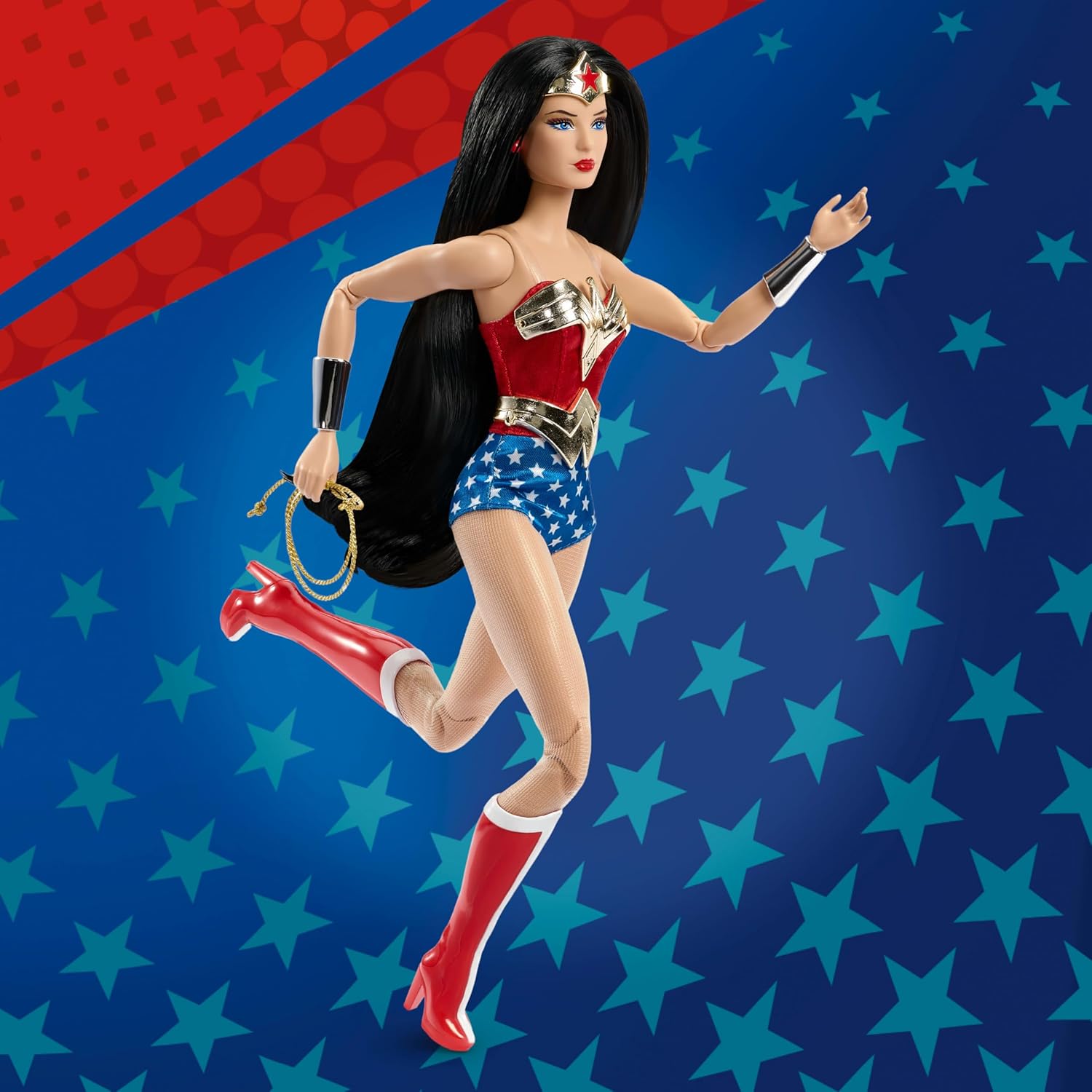 Barbie Signature Doll, Wonder Woman Collectible with Doll Stand in Red and Blue Tank Suit with Golden Accessories Like Lasso, Headpiece and Belt
