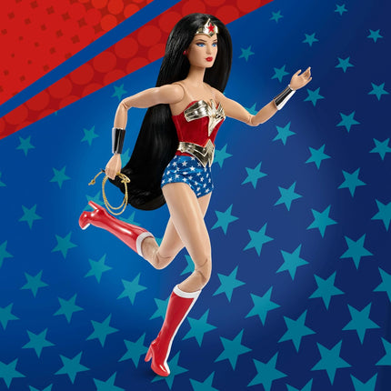 Barbie Signature Doll, Wonder Woman Collectible with Doll Stand in Red and Blue Tank Suit with Golden Accessories Like Lasso, Headpiece and Belt