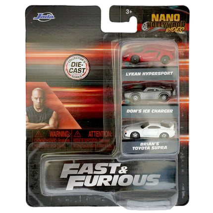 Fast & Furious 1.65" Nano 3-Pack Wave 4 Die-cast Cars - Brian's Toyota Supra, Lykan Hypersport, Dom's Ice Charger